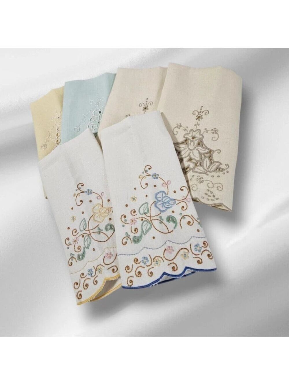 Bundle 6 Linen Napkins Tea Towel Multicolor Floral Embroidered Spring Tableware